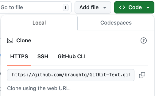 The GitHub dialog showing the local HTTPS clone URL.