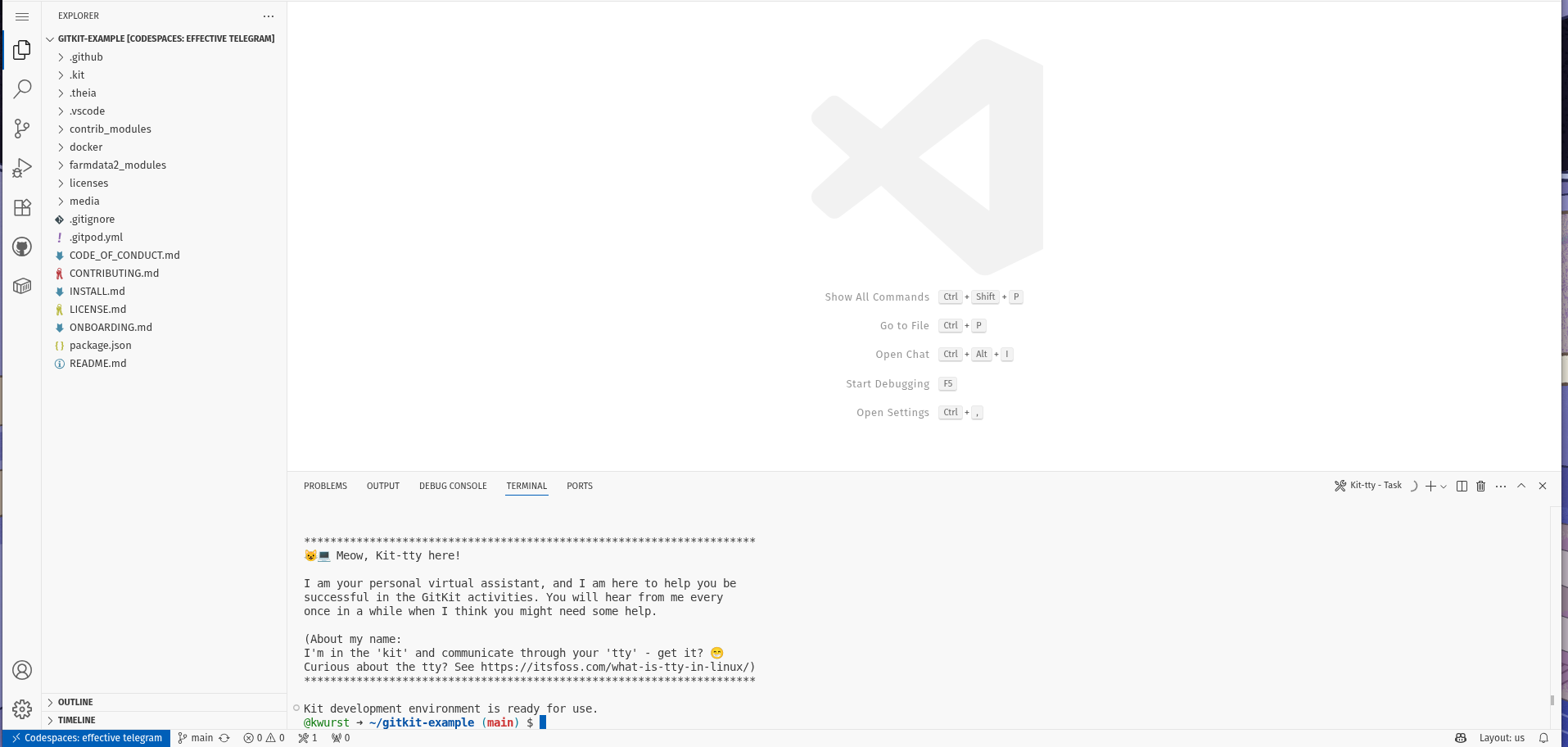 Screenshot showing the KitClient development environment running in GitHub Codespaces.Screenshot showing the KitClient development environment running in GitHub Codespaces, with the Kit-TTY welcome message in the terminal.