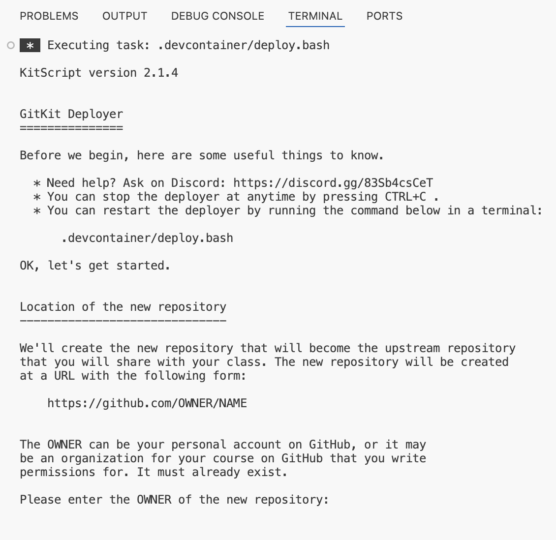 Screenshot showing the deployer prompting for the new repository name.