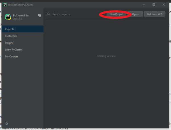 This is a screenshot of page seen after clicking "New Project" on the homepage in the Pycharm IDE.