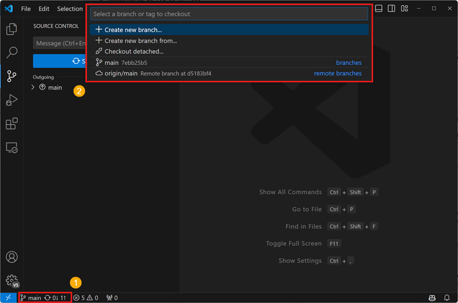 Screenshot of the VS Code command palette area showing a list of Git branches available for checkout, including local and remote ones.